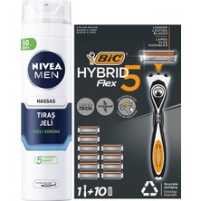 Men Hassas Tıraş Jeli 200 Ml+ Bıc Flex 5 Hybrid Tıraş Bıçağı Seti 1 Gövde + 10 Yedek Başl�