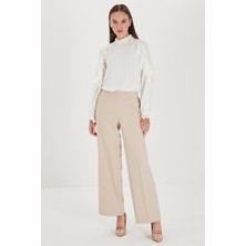 Zühre Bel Lastik Detaylı Bol Paça Kumaş Bej Pantolon P-0102