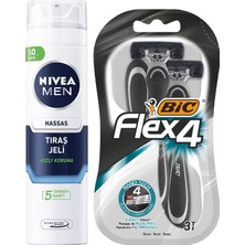 Men Hassas Tıraş Jeli 200 ml + Bıc Flex 4 Erkek Tıraş Bıçağı 3'lü Blister (4 Bıçak)