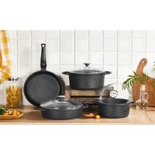 Peramari Elit Alüminyum Döküm Granite 7 Parça Tencere Seti Siyah Siyah 26 cm