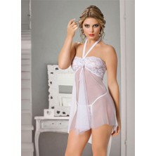 Modellife Transparan Dantelli Güllü Beyaz Fantazi Gecelik Takım