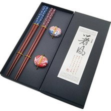 1001 2 Çift Doğal Ahşap Yemek Çubuğu Seti – Seramik Çubuk Tutacaklı Kutulu Japon Chopstick Seti
