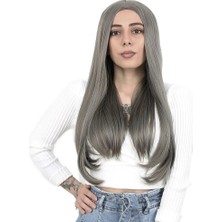 Egecen Fiber Sentetik Uzun Düz Peruk / Koyu Gri