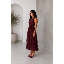 Yeni Sezon Modern V Yaka Kat Kat Beli Bağlamalı Rahat Kesim Yazlık Elbise
