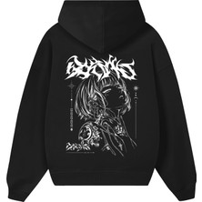 BarsDepo Oversize Unisex Siyah Hoodie Gotik Kuru Kafa Baskılı Kapüşonlu Sweatshirt