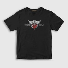 Presmono Unisex Çocuk Siyah Heart Bon Jovi T-Shirt