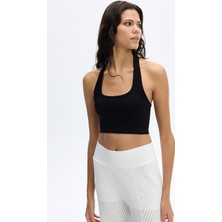 Boyundan Geçmeli Ribli Crop Top Siyah