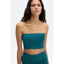 Dikişsiz Rib Dokulu Straplez Crop Top Petrol Yeşili