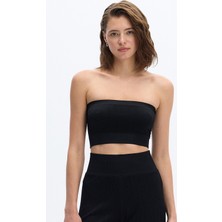 Dikişsiz Rib Dokulu Straplez Crop Top Siyah