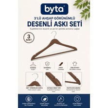 3'lü Ahşap Görünümlü Desenli Elbise Askısı Seti 44 cm Kaymaz Pantolon Çubuklu Kıyafet Askılığı