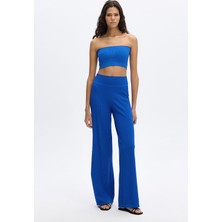 Rib Dokulu Rahat Palazzo Dikişsiz Pantolon Cobalt