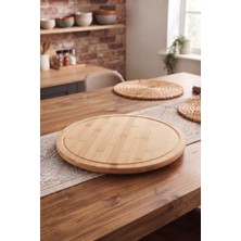 Evyeri Bambu Döner Sunumluk 33X33 cm Pizza Standı Ahşap Döner Servis Tepsisi Oluklu Kenarlı Kahvaltılık Pasta Peynir Sunum Tabağı