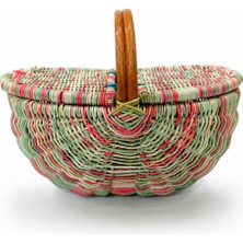 Naturel Dekor Rattan Küçük Boy Pembe-Mavi Piknik Sepeti 40X24X30 cm -  Bohem Brunch Sepeti, Dekoratif Sepet, Iskandinav, Modern