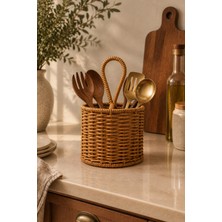 Naturel Dekor Rattan Görünümlü 3 Bölmeli Yuvarlak Kaşıklık 16X11 cm - Bohem Çatallık, Kalemlik, Sosluk, Organizer, Iskandinav, Modern