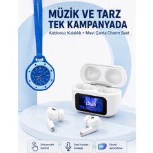 Ekranlı Kablosuz Kulaklık ve Mavi Çanta Charm Saat Kampanya Seti