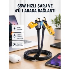Usb-C Usb-A 4’ü 1 Arada Örgülü Kablo 65W Hızlı Şarj Metal Uç Dayanıklı