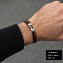 Herşey Nota Erkek Kahverengi Siyah Örgü Deri Bileklik – Metal Kilitli, Şık Hediye Kutulu Bileklik