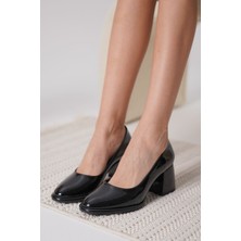 Zerenyus Candie Premium Siyah Rugan Kalın Topuklu Stiletto 7 Cm