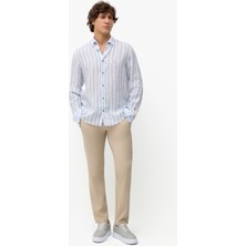 Karaca Mavi Çizgi Desenli Modern Fit Keten Gömlek