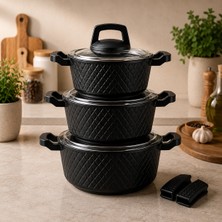 Lavonni OBSIDYEN 6 Parça Döküm Granit Tencere Seti - Siyah 16/18/20 Cm
