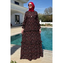 Rabia Şamlı Mine Elbise Turuncu Çiçekli Siyah