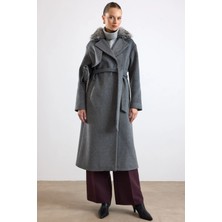 Olcay Oversize Çıkabilen Kürklü Düşük Kol  Kaban Koyu Gri 3178