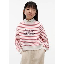 Tommy Hilfiger Beyaz Kız Çocuk Çizgili Sweatshirt KG0KG09439-TOMMY Hılfıger Crew Neck