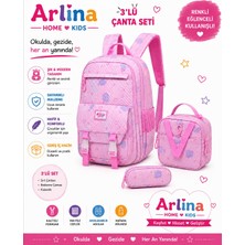 Arlina Home Kids Kore Model 3 Lü Set Su Geçirmez Kız Çocuk Çantası Pembe Çanta-Beslenme-Kalemlik Seti