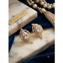 Stainless Steel Pirinç Gold Renk Zirkon Taşlı Yaprak Model Küpe