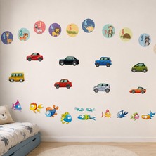 Tilki Dünyası Sevimli Hayvanlı Sayılar, Arabalar ve Deniz Canlıları 3'lü Çocuk Odası Duvar Sticker Seti