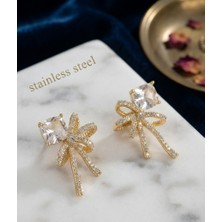 Stainless Steel Pirinç Gold Renk Zirkon Taşlı Kurdele Model Küpe