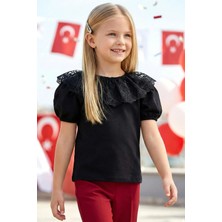 Parla Kids  Kız Çocuk Siyah Bisiklet Yaka Dantelli Kısa Kol 23 Nisan Bluz Gömlek Abiye Gösteri Kıyafeti