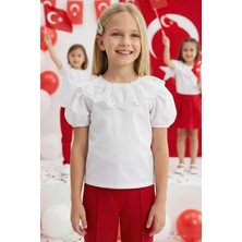 Parla Kids Kız Çocuk Ekru Bisiklet Yaka Dantelli Kısa Kol 23 Nisan Abiye Bluz Gömlek Gösteri Kıyafeti