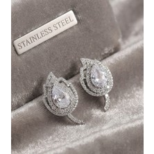 Stainless Steel Pirinç Gümüş Renk Zirkon Taşlı Yaprak Model Küpe