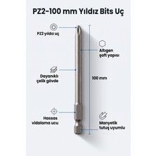 Pz2 100 mm Uzun Yıldız Bits Vidalama Ucu 1 Adet - Altıgen Şaftlı Manyetik Uyumlu Matkap Ucu