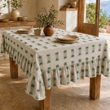 Shules Collection Buldan Keteni Püsküllü Fırfırlı Bohem Masa Örtüsü – Naturel-Yeşil