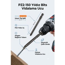 Pz2 150 mm Ekstra Uzun Yıldız Bits Vidalama Ucu 1 Adet - Altıgen Şaftlı Manyetik Uyumlu Matkap Ucu