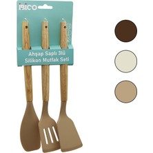 İbico Ibico İ22-010 Mutfak Seti 30CM 3 Adet Ahşap Klasik Spatula Bambu Saplı Renkli Silikon Yan - 12'li Paket