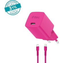 2SCG20LNP Ttec Smartcharger Gan 20W Pd Seyahat Hızlı Şarj Aleti + Usb-C - Lightning 120CM Kablo Neon Neon Pembe