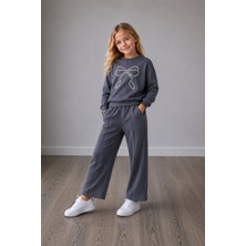 Yiğit Butik Kız Çocuk Inci Fiyonk Detaylı Sweatshirt Bol Paça Pantolon Alt Üst Takım