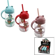 Qlux Ideas Qlux C-00374 Teddy Bear Bardak 370CC Kulplu Pipetli Figürlü Ayıcık Resimli Renkli Plastik Kapak Cam - 20'li Paket