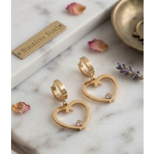 Stainless Steel 316L Çelik Gold Renk Kalp Model Zirkon Taş Detay Küpe
