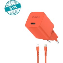 2SCG20LNT Ttec Smartcharger Gan 20W Pd Seyahat Hızlı Şarj Aleti + Usb-C - Lightning 120CM Kablo Neon Neon Turuncu