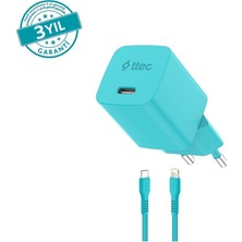 2SCG20LNM Ttec Smartcharger Gan 20W Pd Seyahat Hızlı Şarj Aleti + Usb-C - Lightning 120CM Kablo Neon Neon Mavi