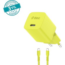 2SCG20CNS Ttec Smartcharger Gan 20W Pd Seyahat Hızlı Şarj Aleti + Usb-C - Usb-C 3A Kablo Neon Neon Sarı