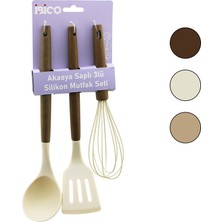 İbico Ibico İ22-012 Mutfak Seti 3 Adet Kepçe Ahşap Çırpıcı Spatula Akasya Saplı Renkli Silikon - 12'li Paket