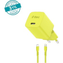 2SCG20LNS Ttec Smartcharger Gan 20W Pd Seyahat Hızlı Şarj Aleti + Usb-C - Lightning 120CM Kablo Neon Neon Sarı