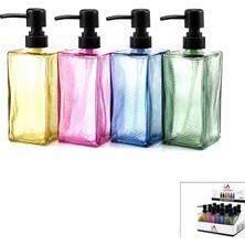 Alvetro Alv-08 Alvetro Alv-04 Sıvı Sabunluk 410ML Kare Cam Renkli Şeffaf Şişe - Buzlu Çizgili Desen - 12'li Paket
