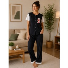 Balis Pijama Kadın Fırfır Detaylı Baskılı Düğmeli Kısa Kollu Pijama Takımı Yazlık Terletmez Kumaş Şık Rahat Kalıp Kaliteli Pamuklu Alt Üst Takım