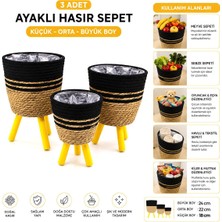 Alvetro Alv-01 Ayaklı Hasır ve Ahşap Sepet 18-22-24CM 3 Adet Mix Desen - 6'li Paket